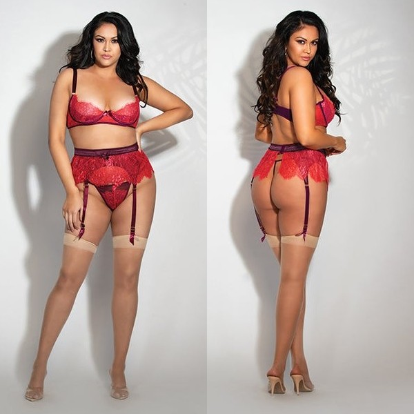Beautiful fuller figured person with long dark hair and wearing a very lacy, red bra and garter set.