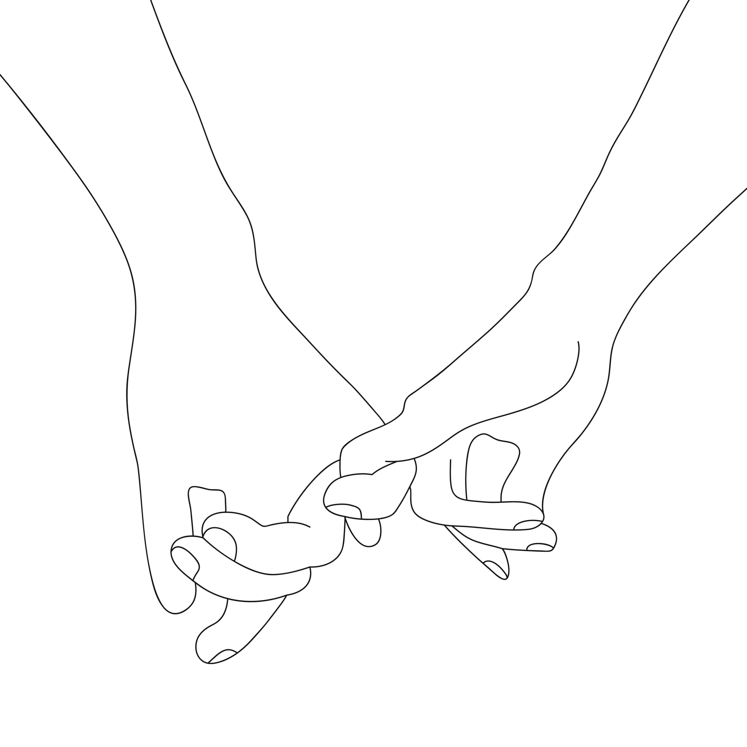 Simple line drawing of two hands with pinky fingers entwined.
